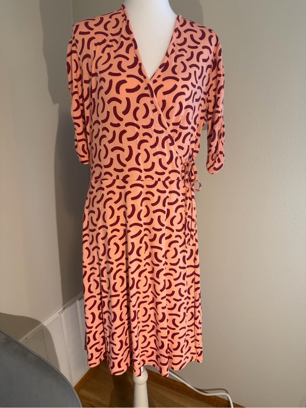 41 Hawthorn Peach Wrap Dress with Maroon Print